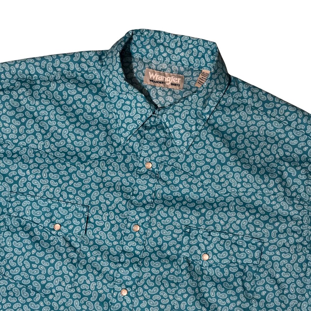Wrangler Pearl Snap Shirt Mens XL Blue Paisley Wrancher Western Short Sleeve